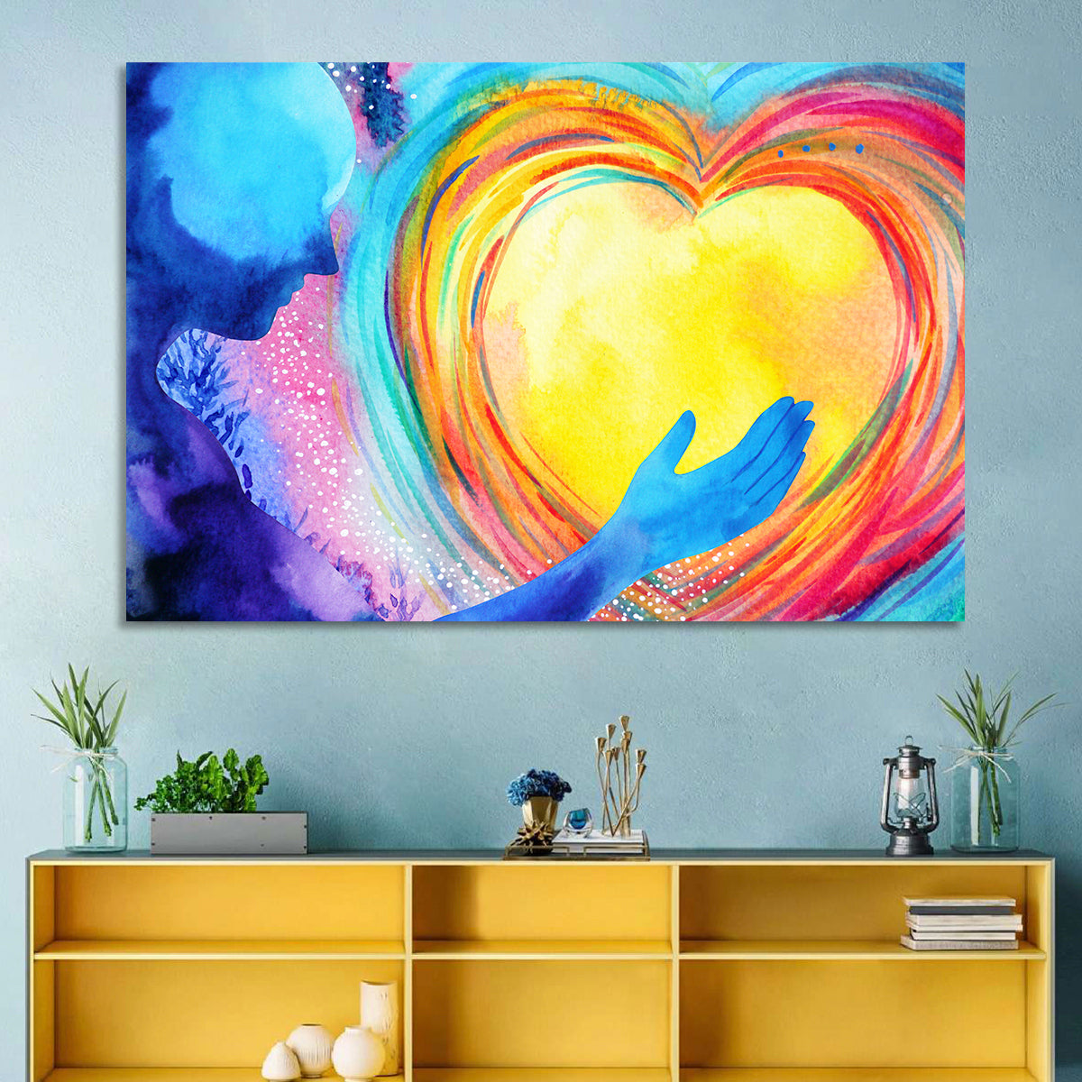 Blue Silhouette with Radiant Heart Wall Art in a room, landscape