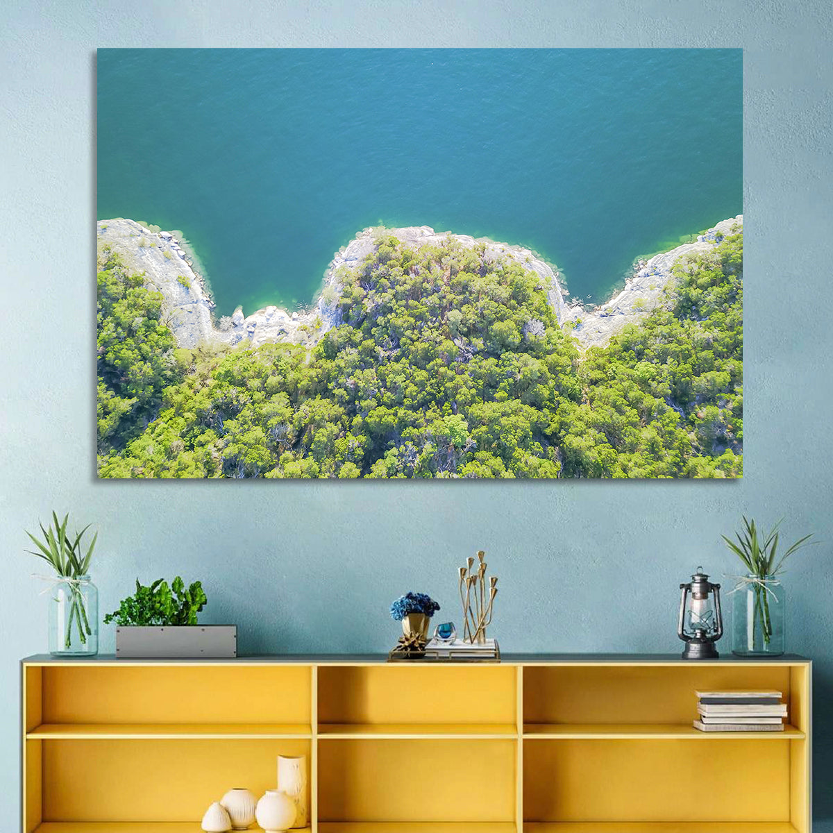 Lake Travis Shoreline Aerial Wall Art in a room, landscape