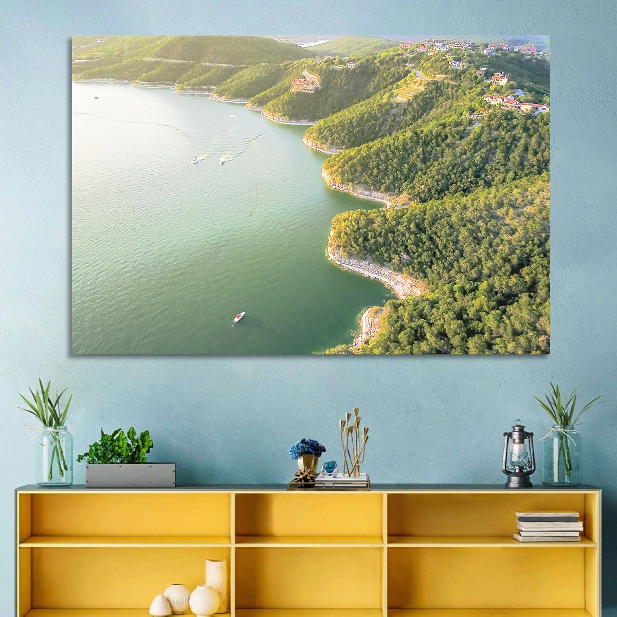 Lake Travis Aerial View Wall Art in a room, landscape