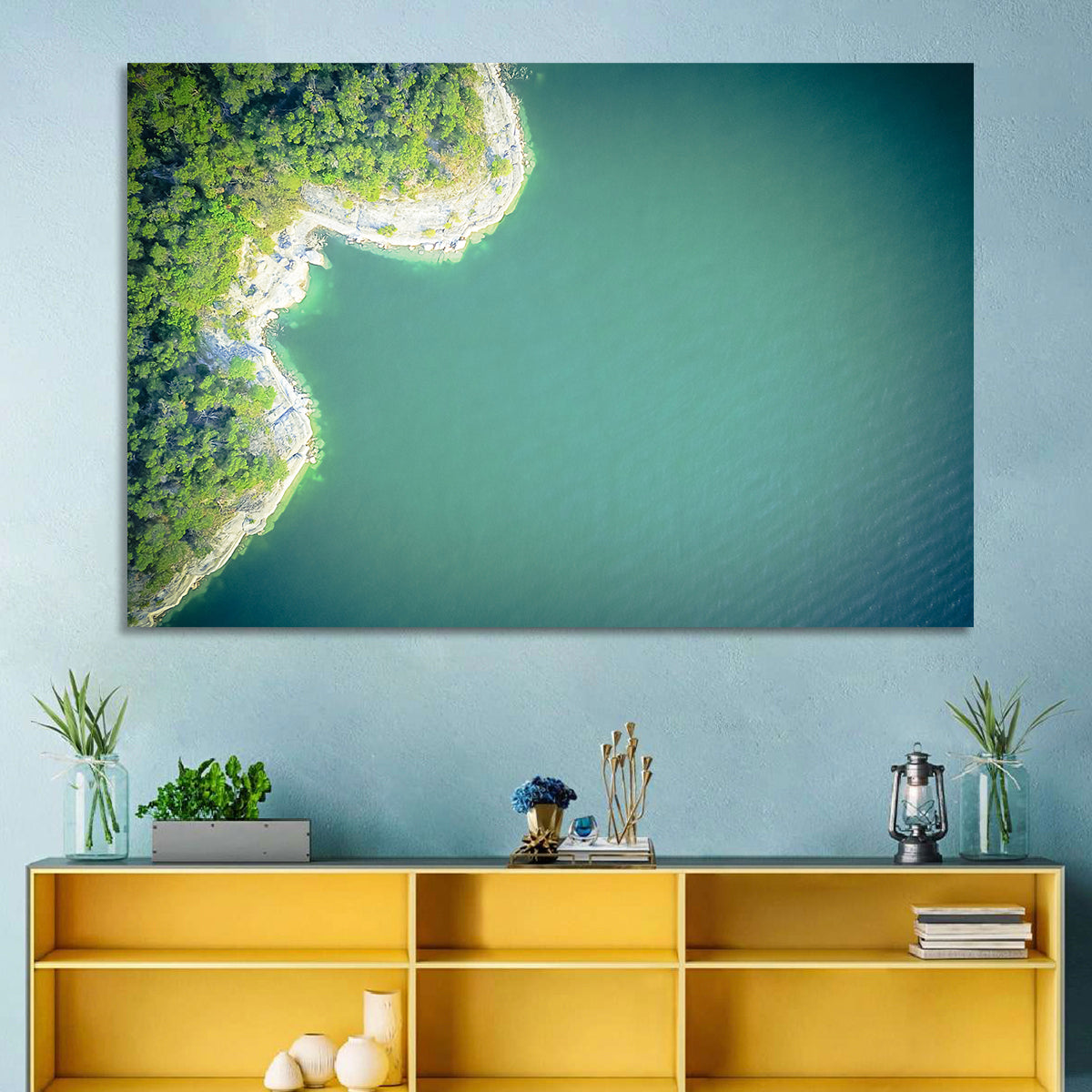 L-shaped Coastline Over Teal Lake Wall Art in a room, landscape