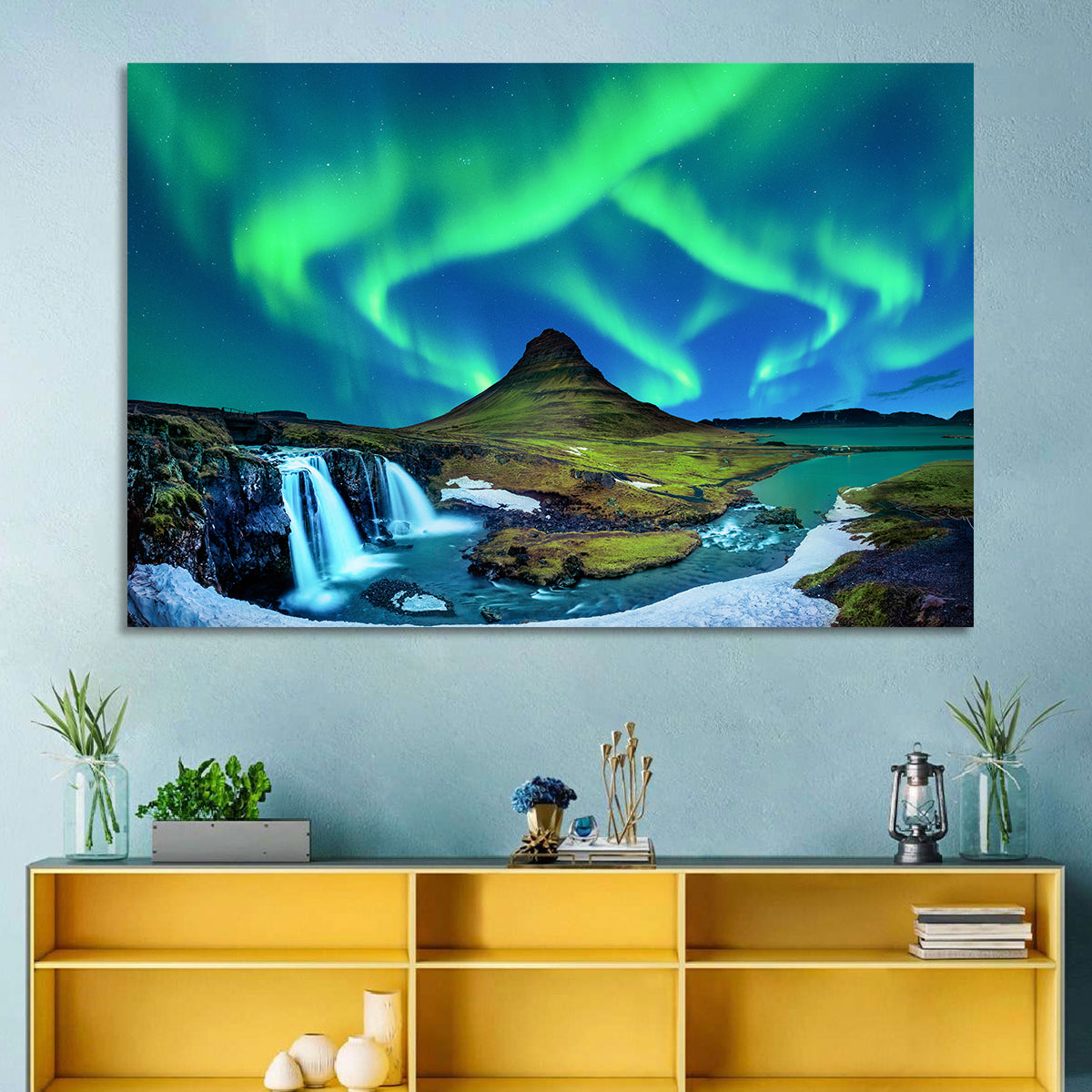 Kirkjufell Northern Lights Wall Art in a room, landscape
