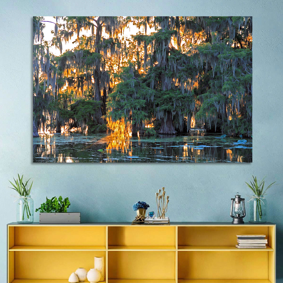 Lake Martin Cypress Reflection Wall Art in a room, landscape