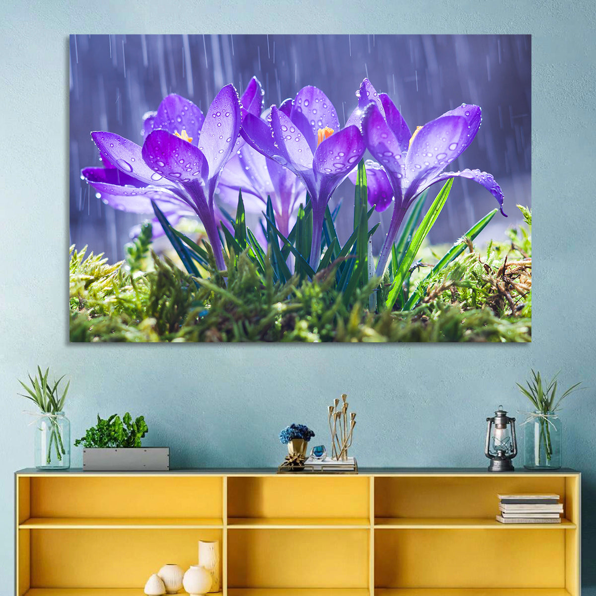 Rainy Purple Crocuses Wall Art in a room, landscape