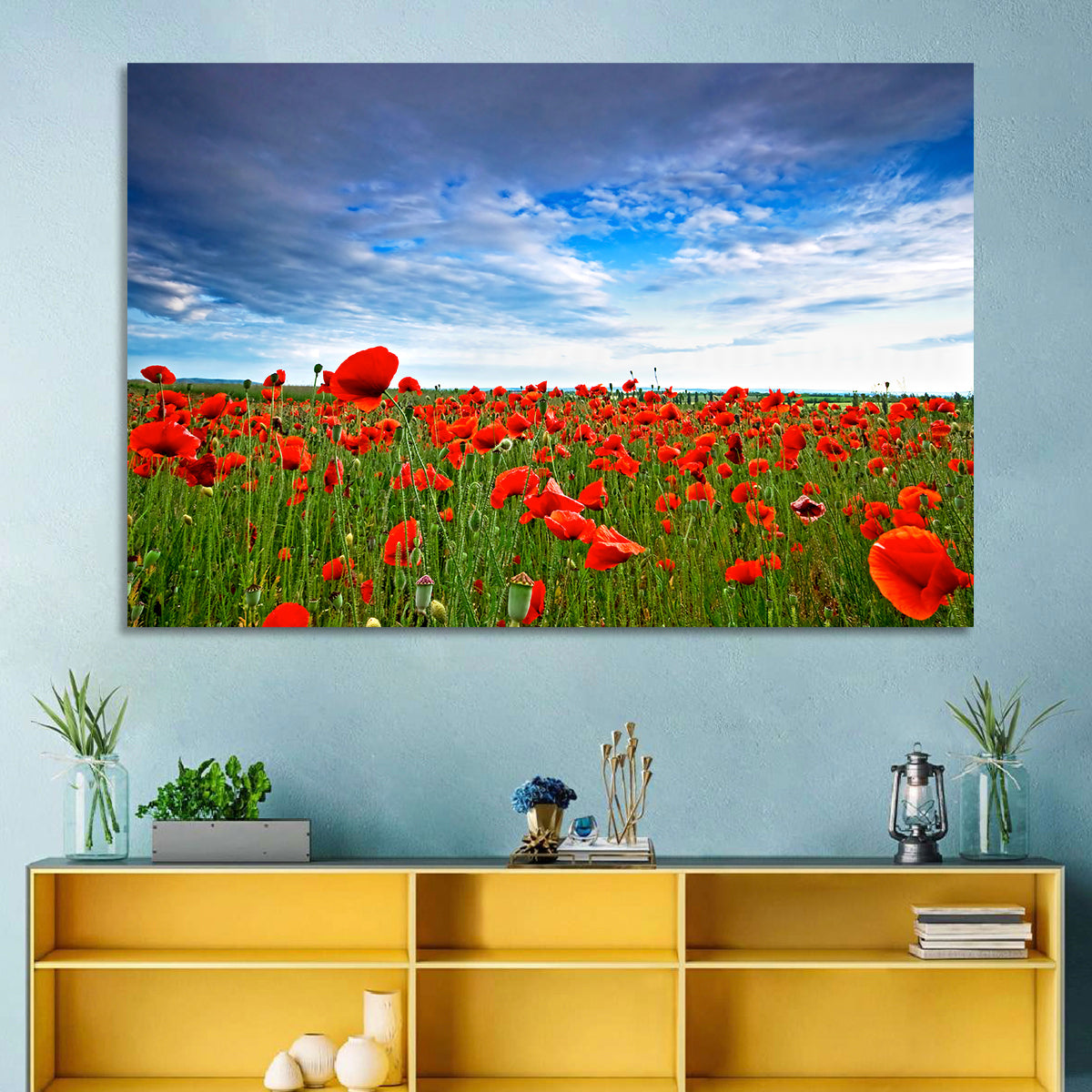 Red Poppy Field Wall Art in a room, landscape