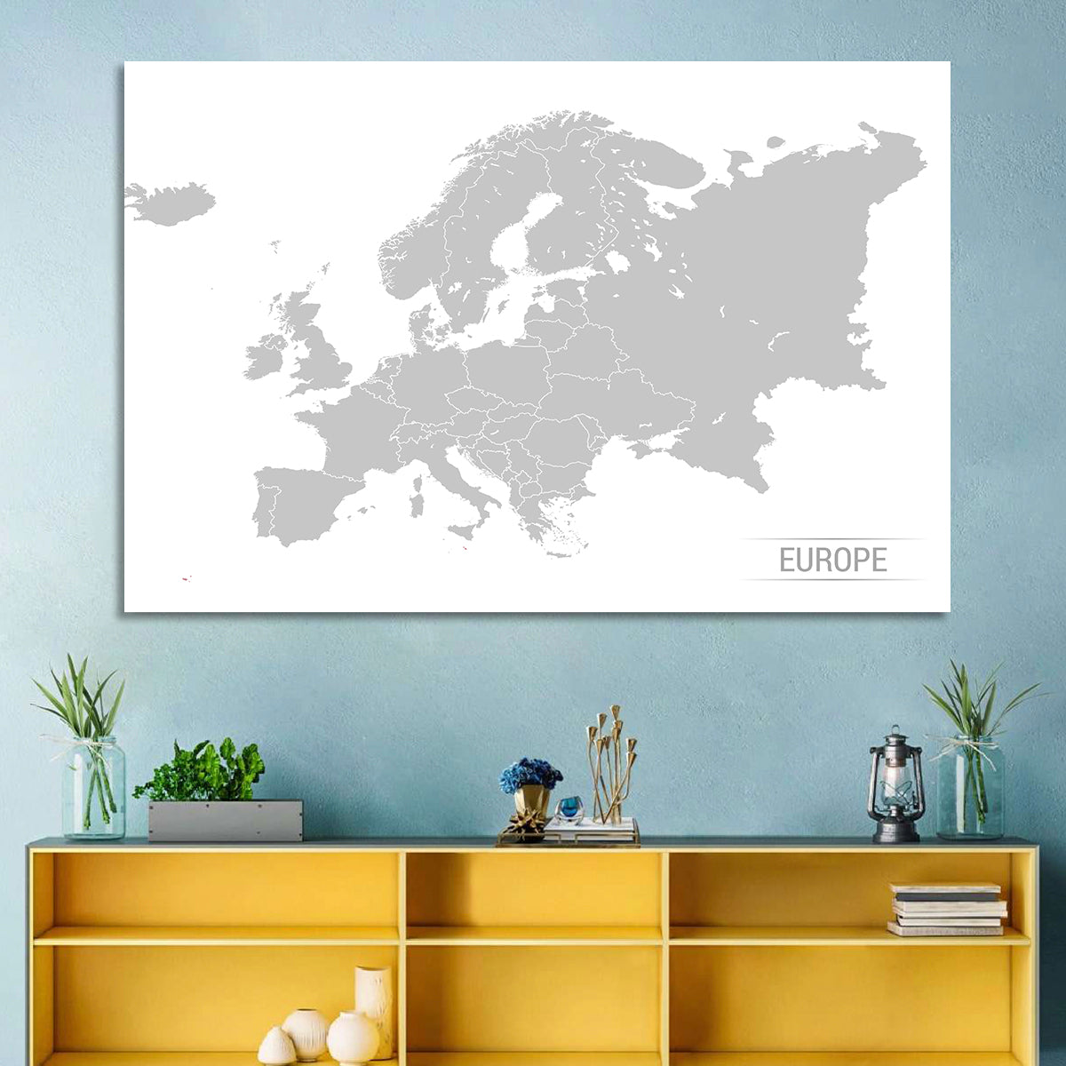 Gray Europe Outline Map Wall Art in a room, landscape