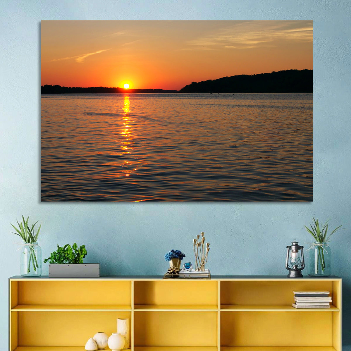 Mississippi River Sunset Wall Art in a room, landscape