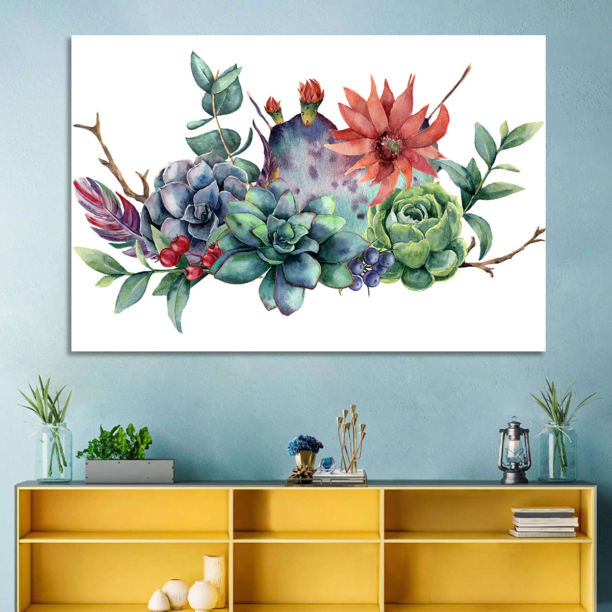 Succulent and Cactus Bouquet Wall Art in a room, landscape