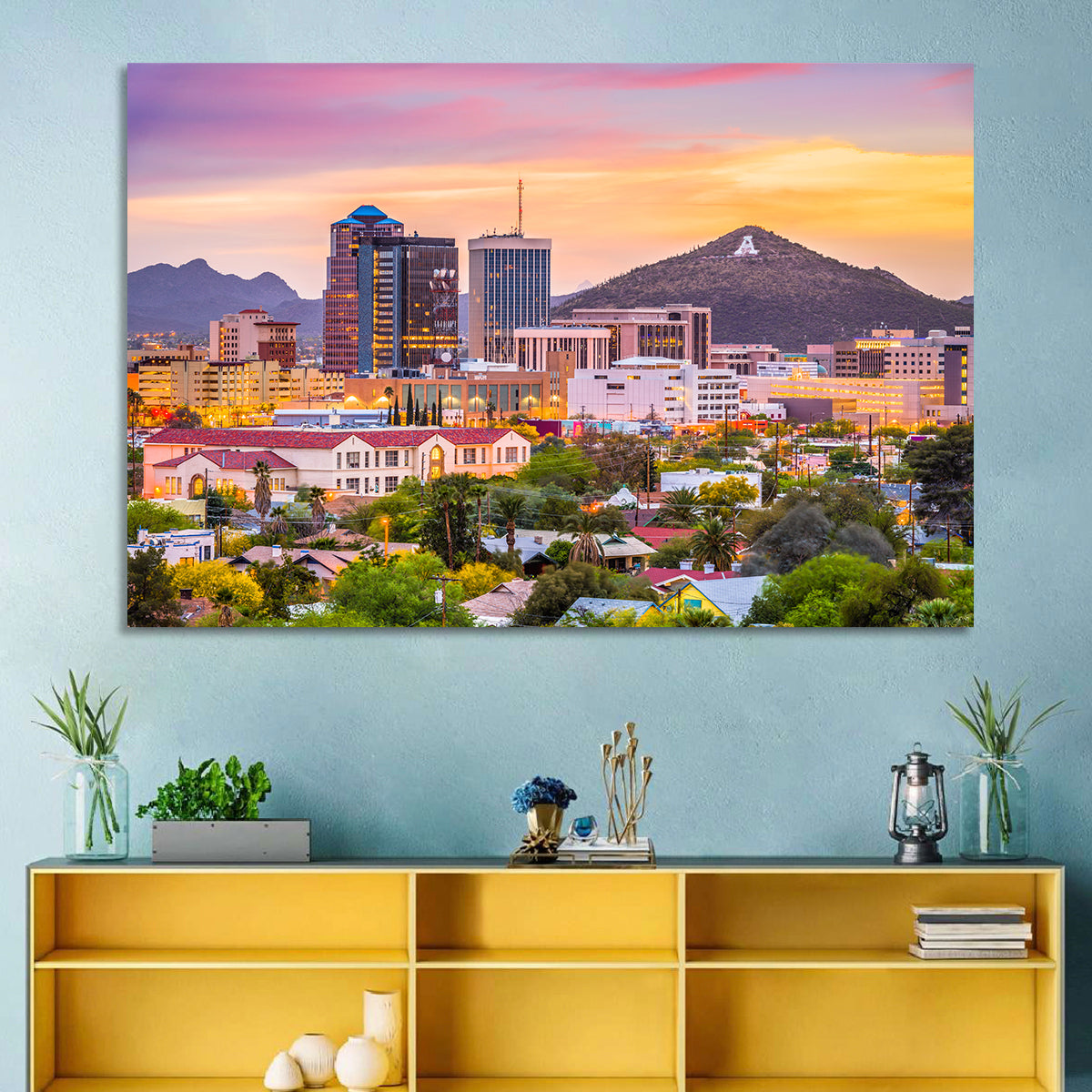 Tucson Skyline at Golden Hour Wall Art in a room, landscape
