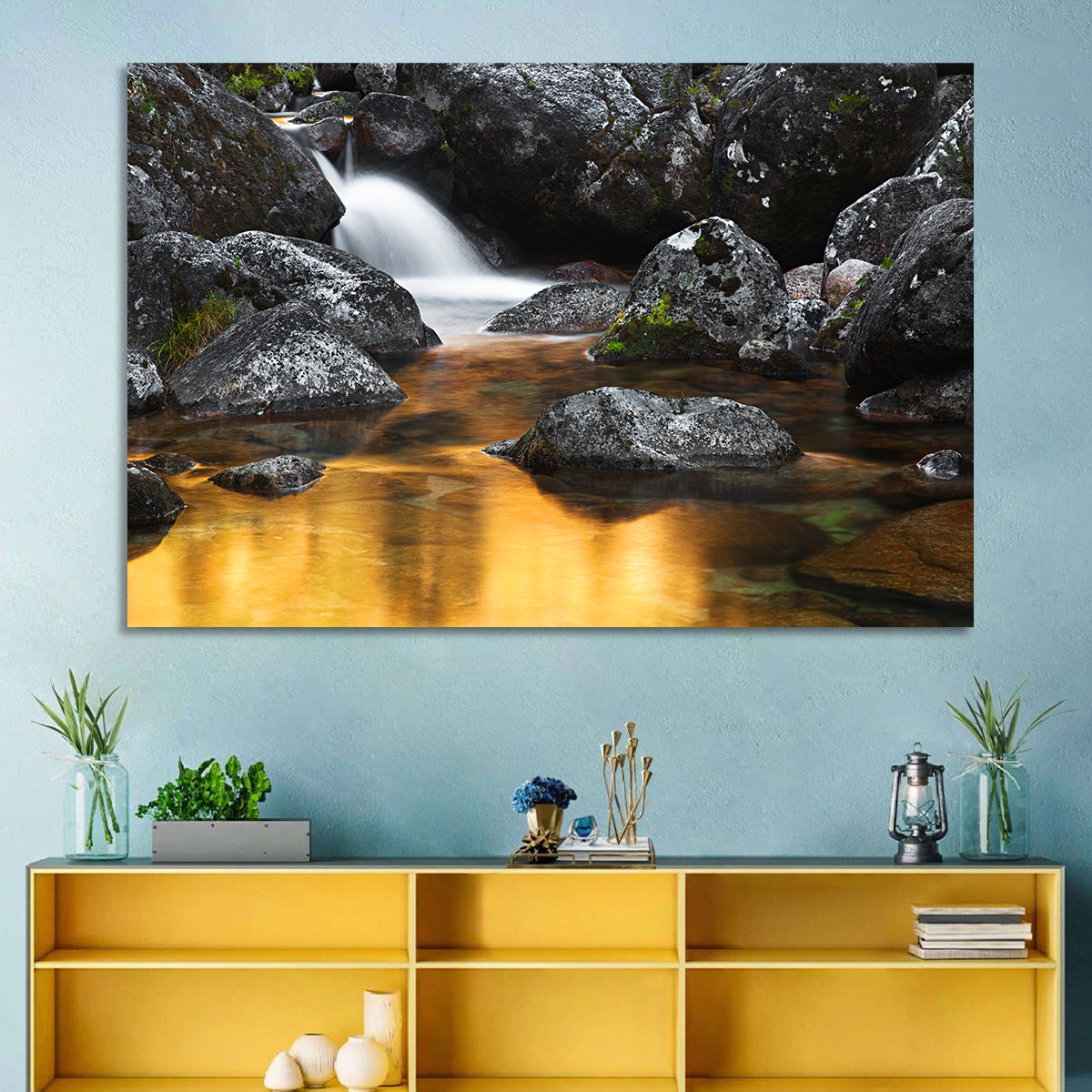 Golden Stream Waterfall Wall Art in a room, landscape