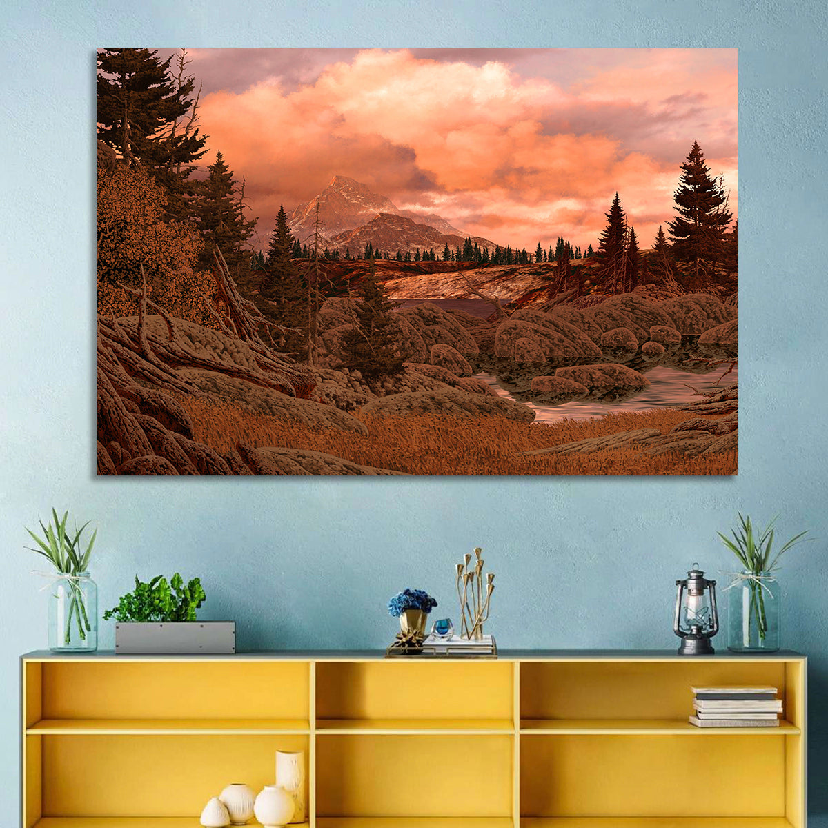 Rocky Mountain Lake at Dusk Wall Art in a room, landscape