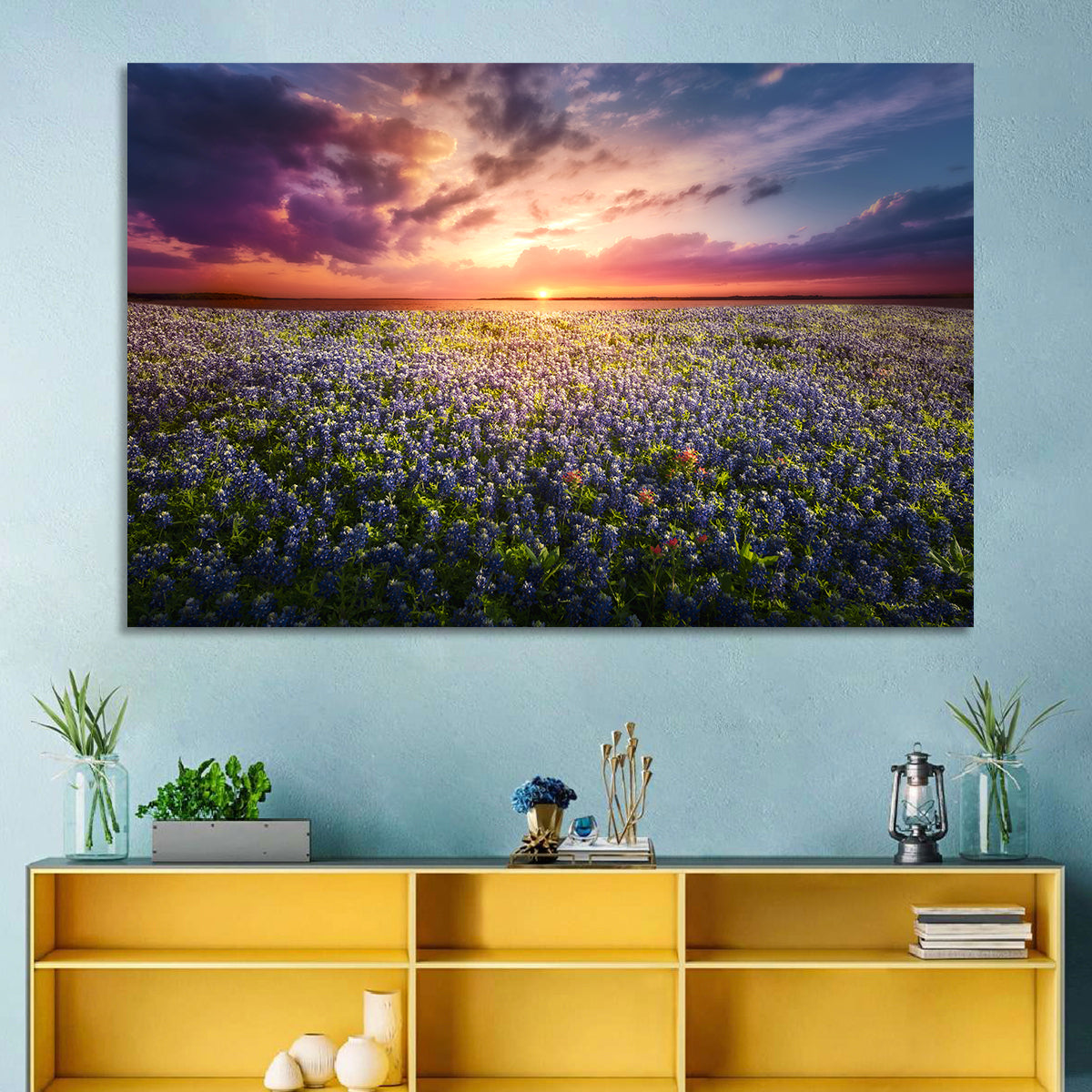 Texas Bluebonnet Sunset Wall Art in a room, landscape