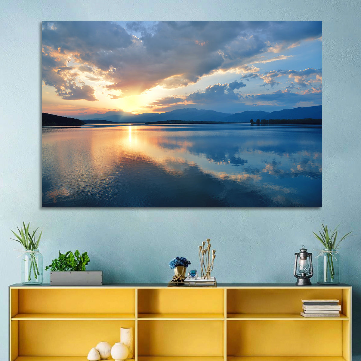 Golden Hour Lake Reflection Wall Art in a room, landscape