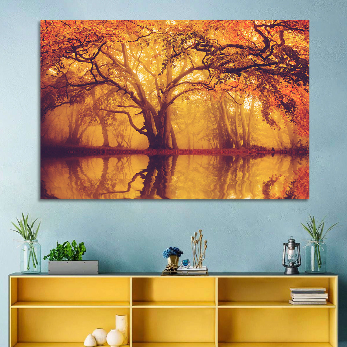 Golden Mist Forest Reflection Wall Art in a room, landscape