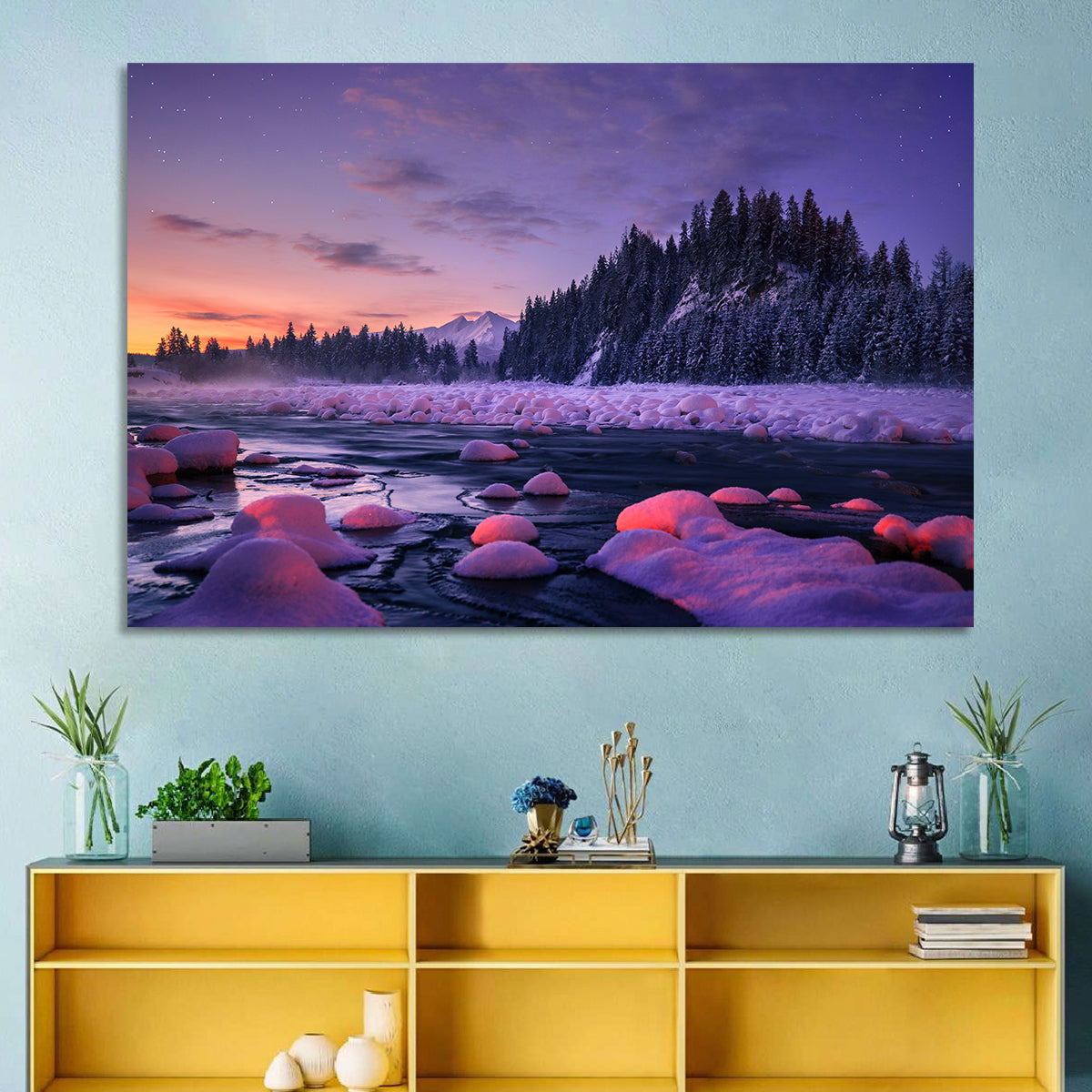 Twilight River and Snowy Pines Wall Art in a room, landscape