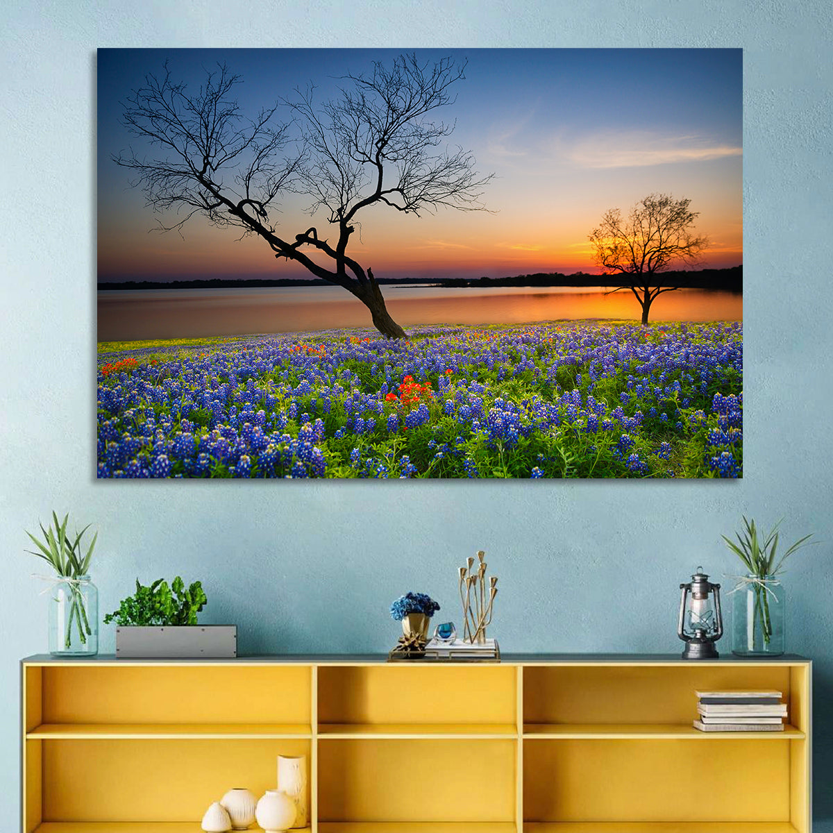 Texas Bluebonnet Sunset Wall Art in a room, landscape