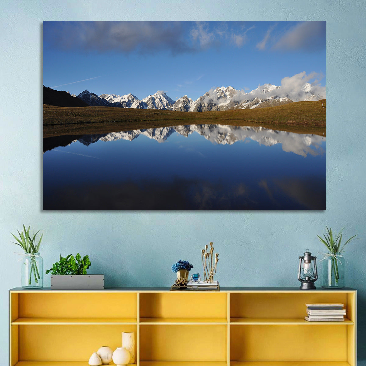 Svaneti Lake Reflection Wall Art in a room, landscape