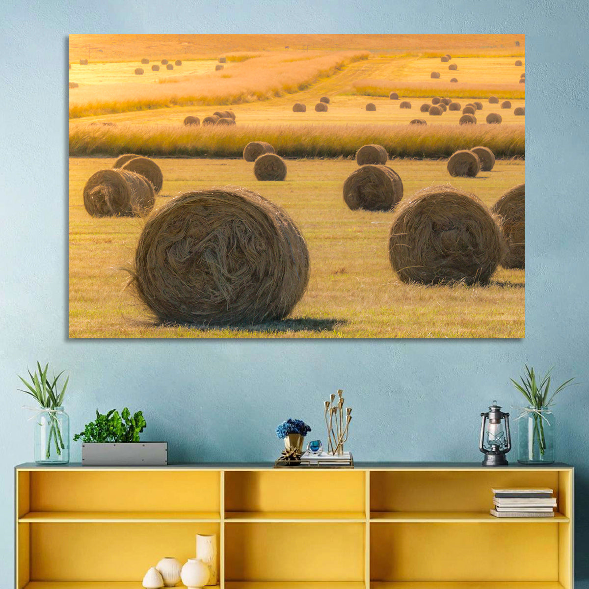 Hay Bales at Golden Hour Wall Art in a room, landscape