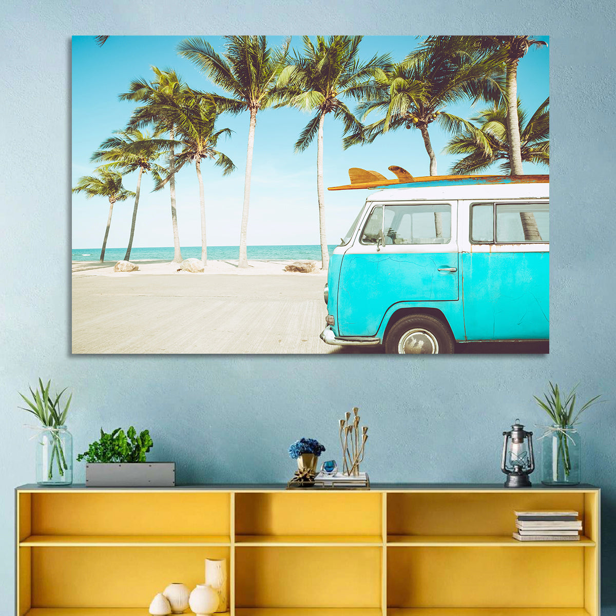Vintage Vw Bus on Tropical Beach Wall Art