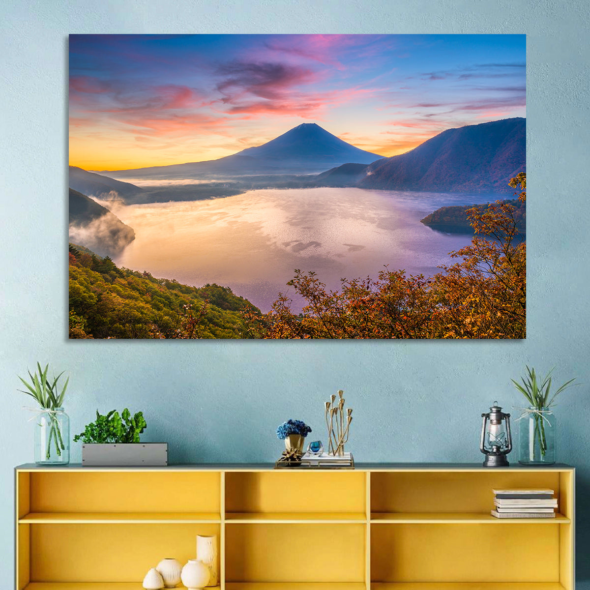 Mount Fuji at Lake Motosu, Autumn Sunrise Wall Art in a room, landscape