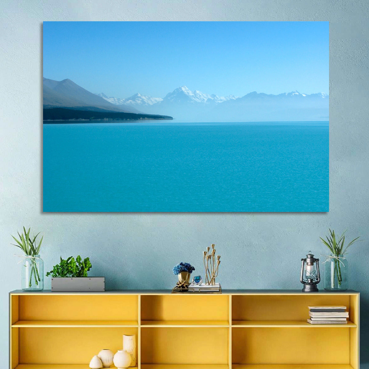 Turquoise Lake Pukaki View of Mount Cook Wall Art in a room, landscape