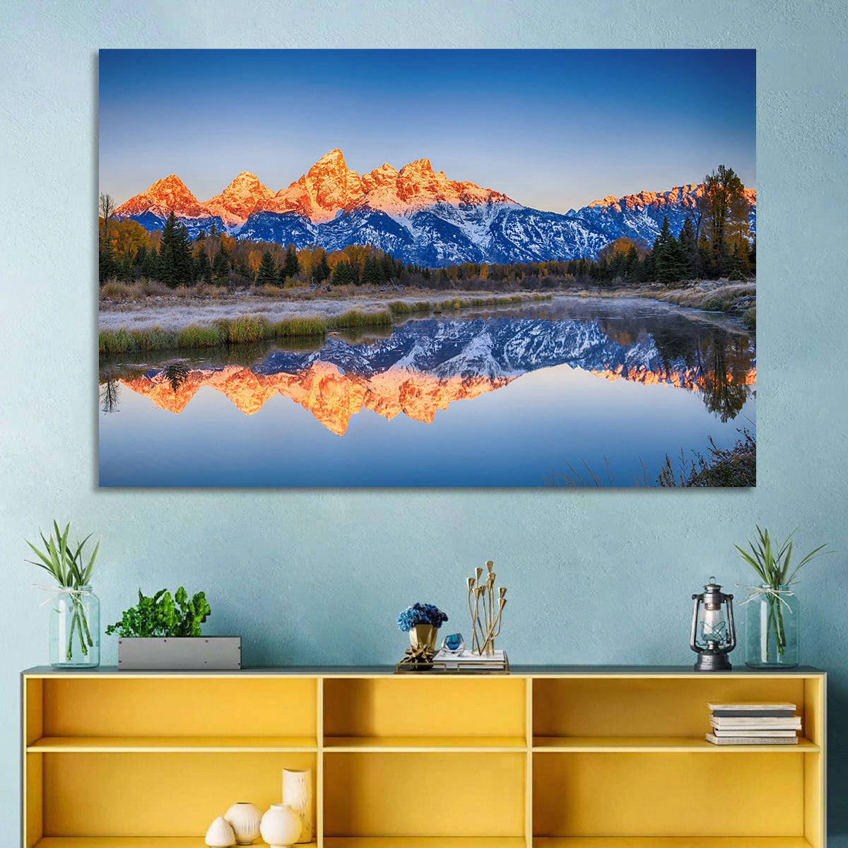 Schwabacher Landing, Grand Teton Sunrise Wall Art in a room, landscape