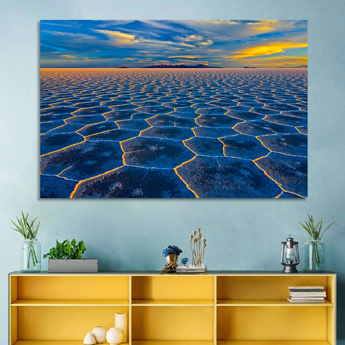 Salar De Uyuni Salt Flats at Sunset Wall Art in a room, landscape
