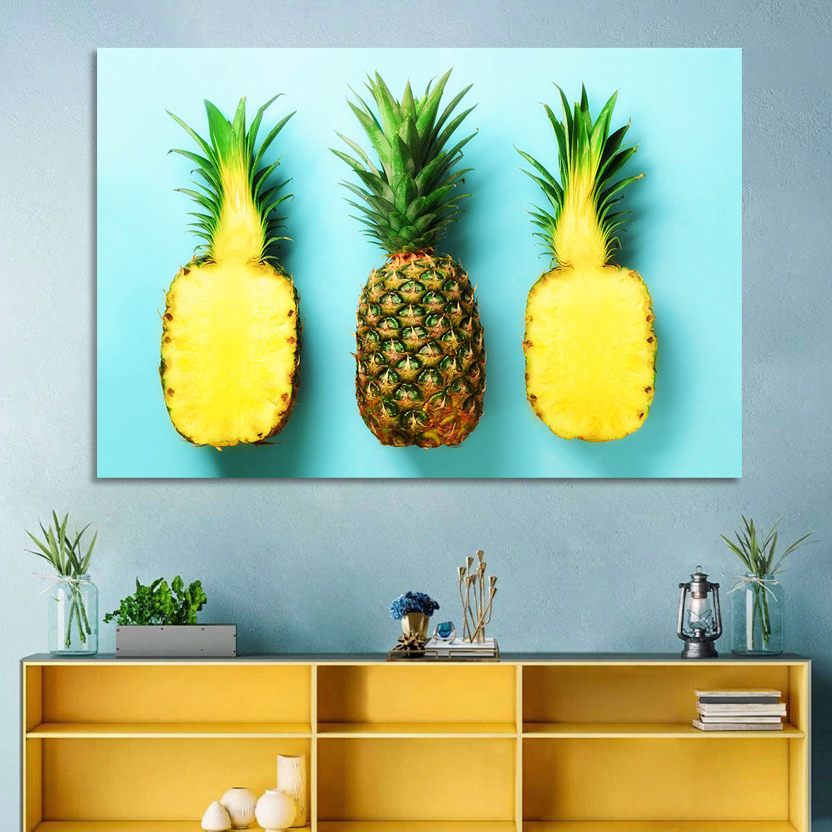 Three Pineapples Minimalist Design Wall Art in a room, landscape