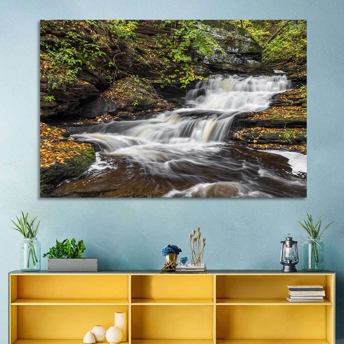 Cascading Autumn Waterfall Wall Art in a room, landscape