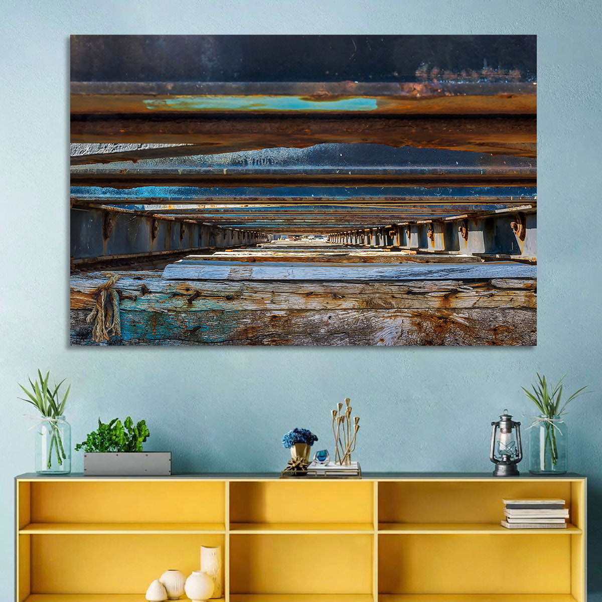 Weathered Dock Perspective Wall Art in a room, landscape