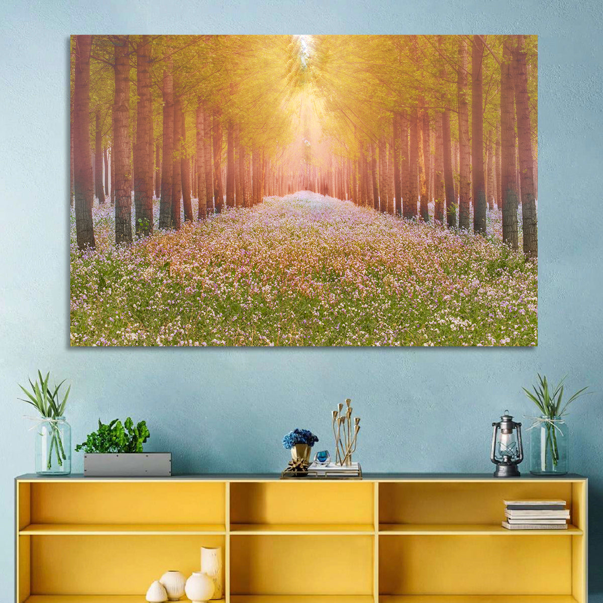 Golden Morning Forest Path Wall Art in a room, landscape
