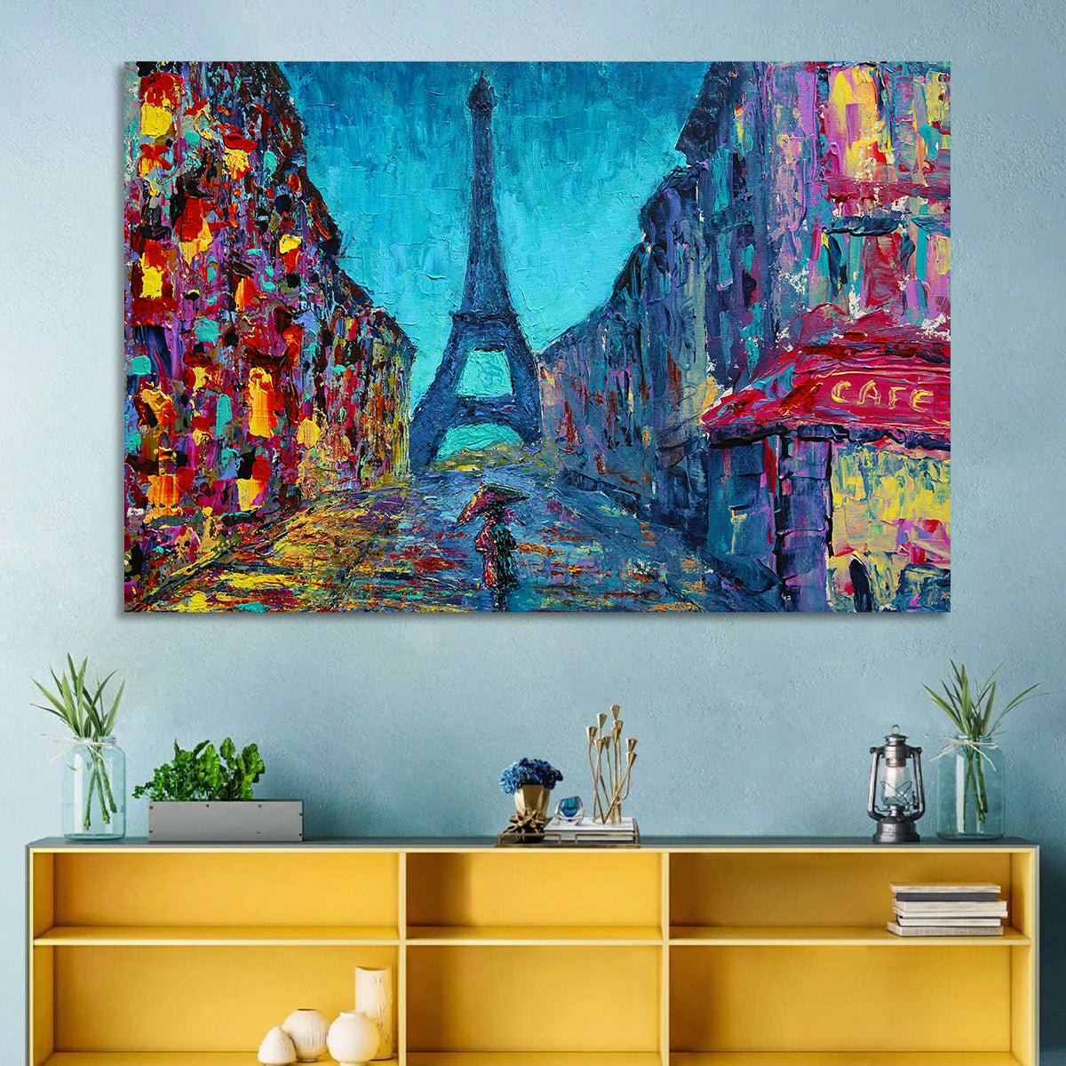 Rainy Paris Street with Eiffel Tower Wall Art in a room, landscape