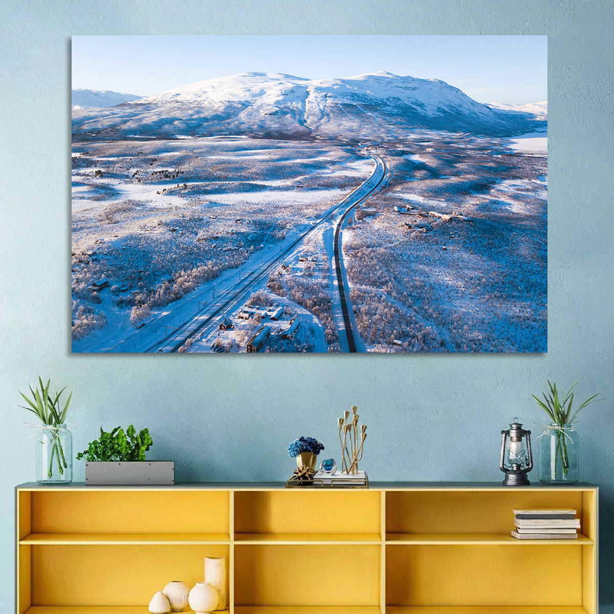 Snowy Valley with Parallel Tracks Wall Art in a room, landscape