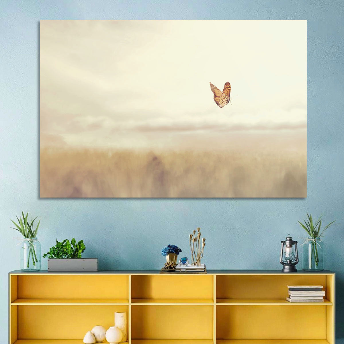 Monarch Over Beige Field Wall Art in a room, landscape