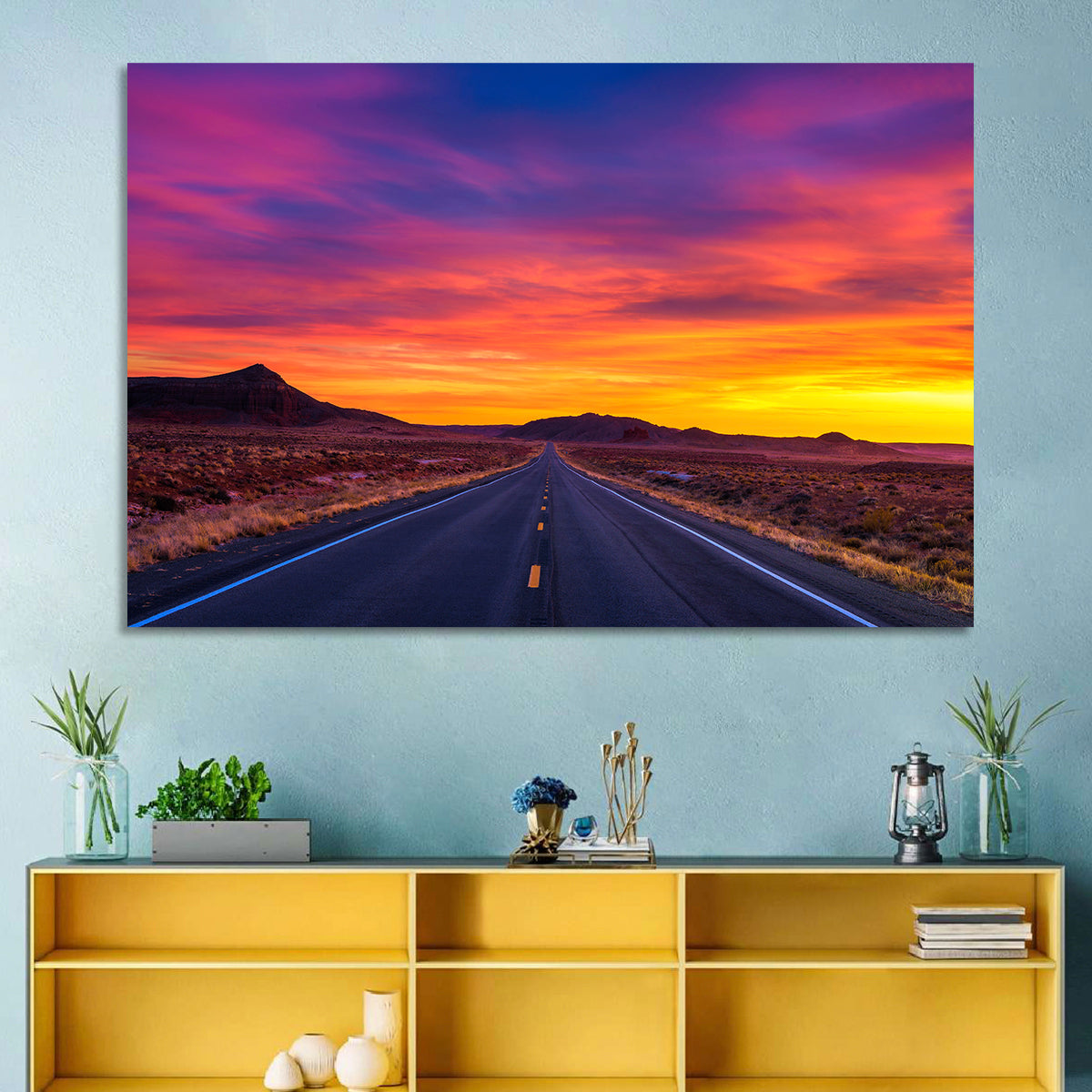 Infinite Desert Road Sunset Wall Art in a room, landscape