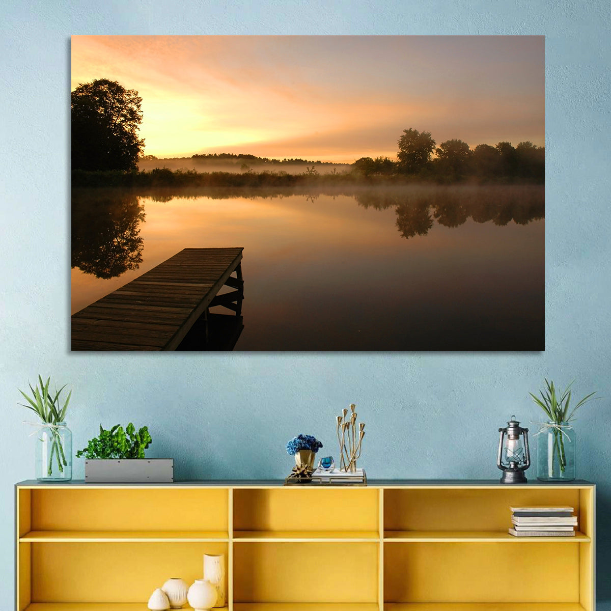 Golden Morning Pier Wall Art in a room, landscape