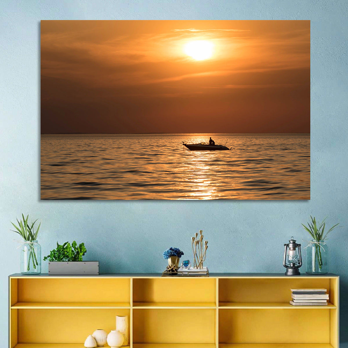 Mille Lacs Lake Sunset Wall Art in a room, landscape