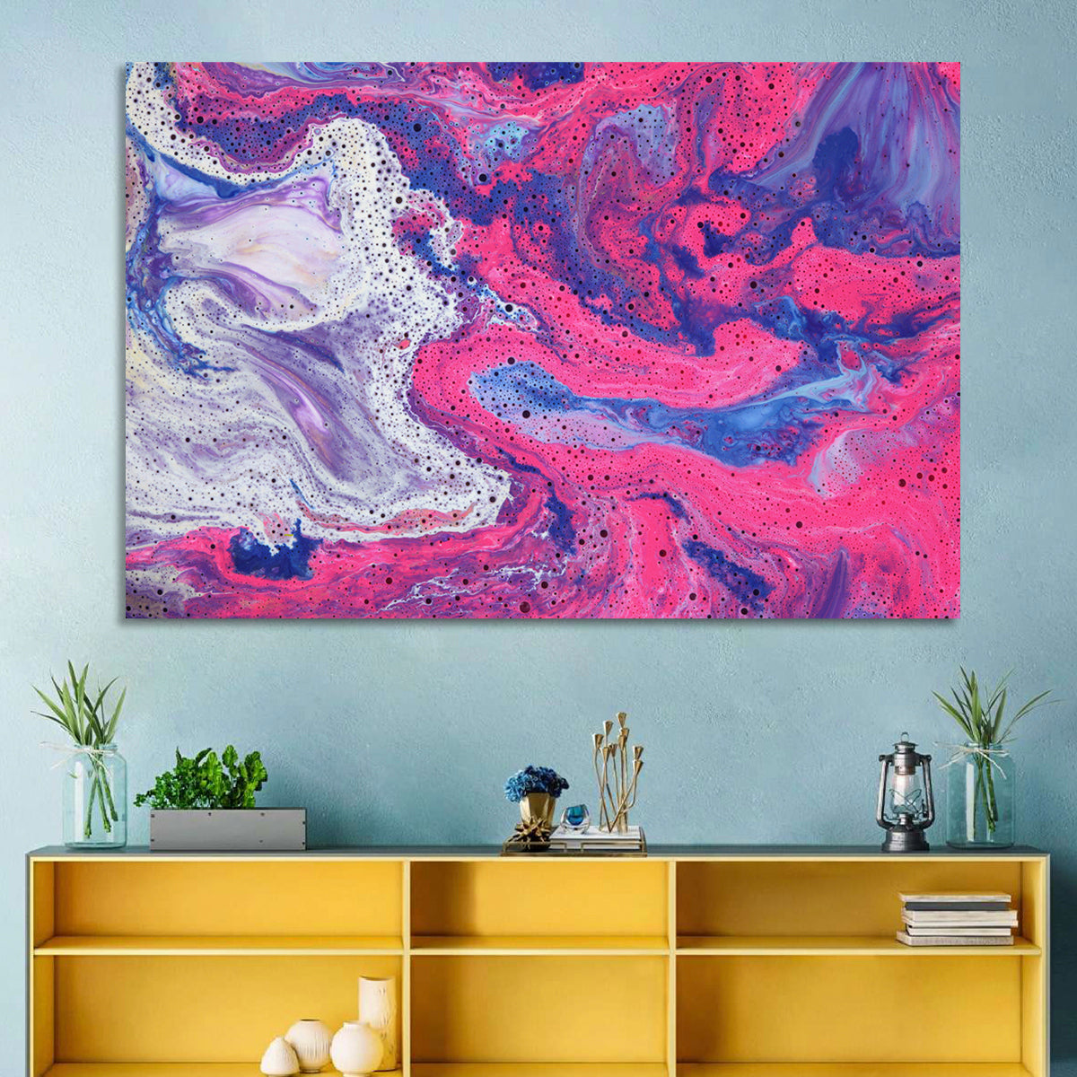 Magenta Bubble Fluid Abstraction Wall Art in a room, landscape