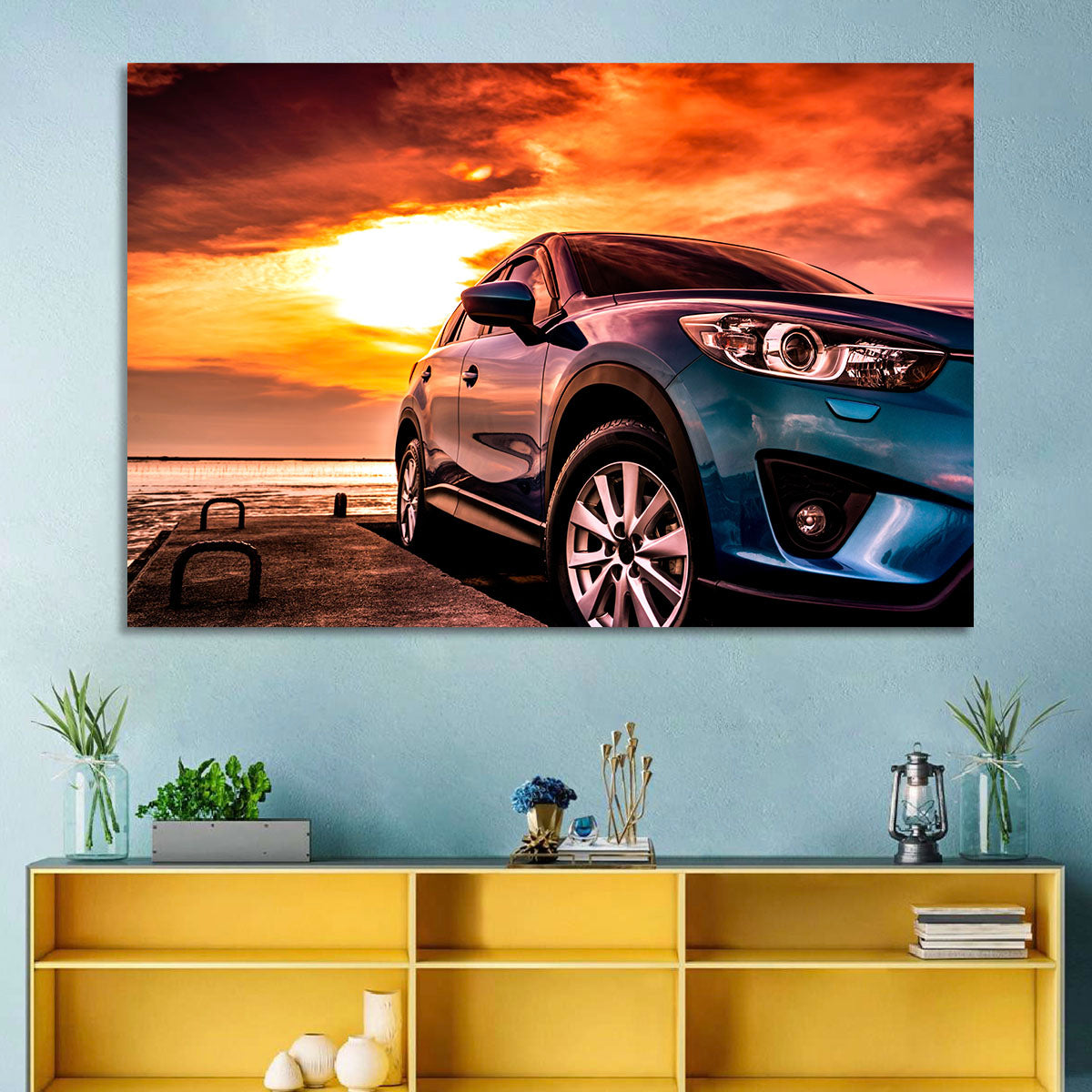 Suv on Pier at Sunset Wall Art