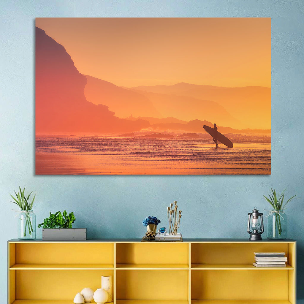 Surfer Silhouette at Golden Sunset Wall Art