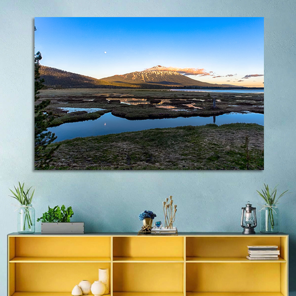 Mount Bachelor Moonlit Sunset Wall Art in a room, landscape