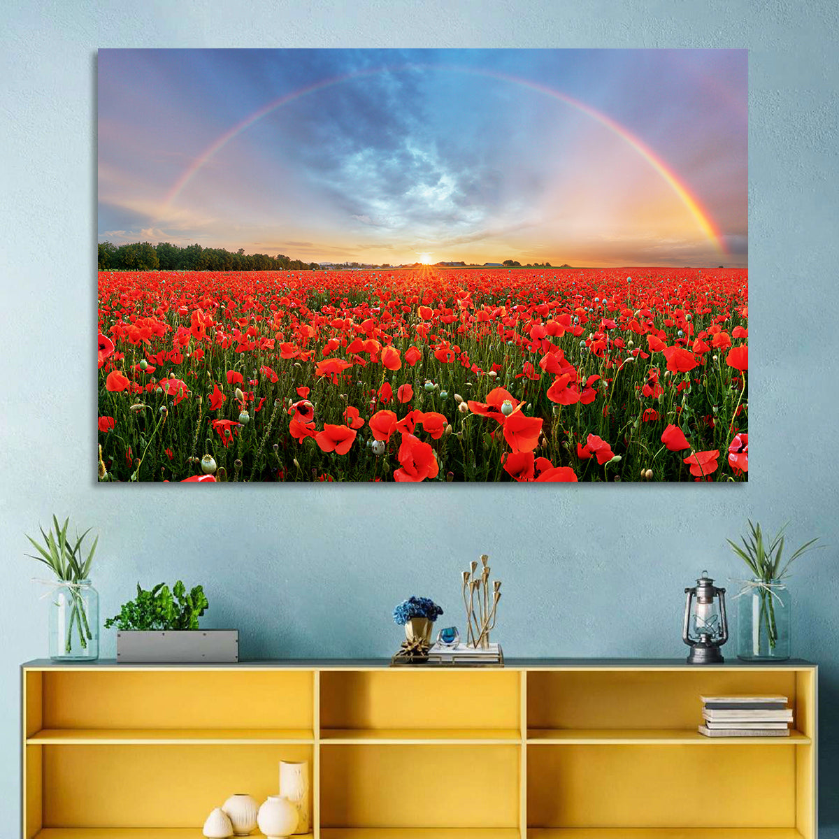 Poppy Field with Double Rainbow Wall Art in a room, landscape