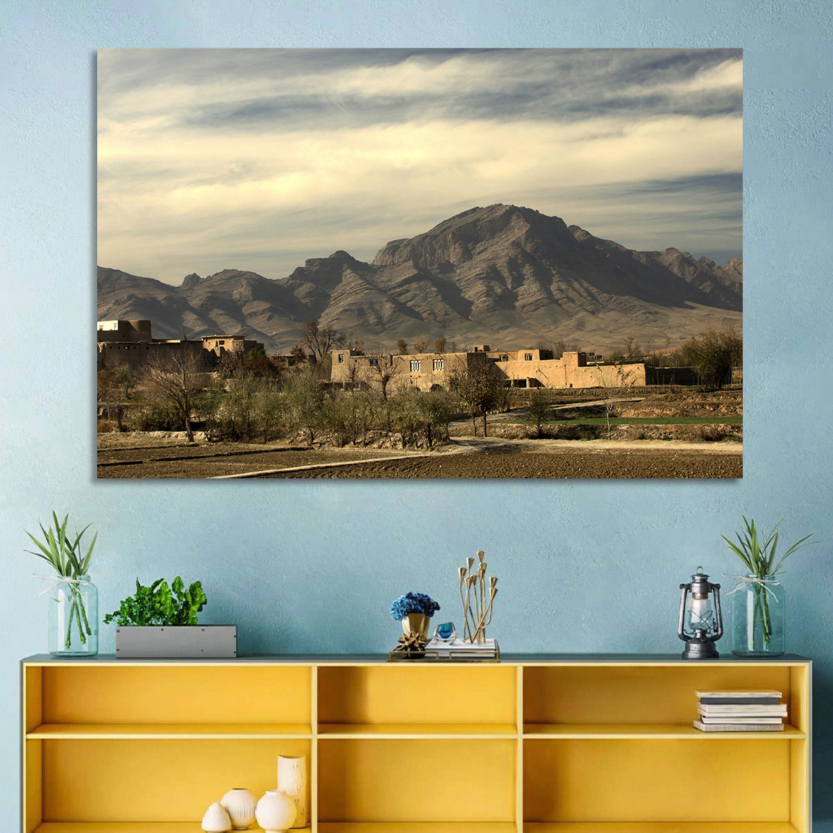 Afghan Mountain Village Wall Art in a room, landscape