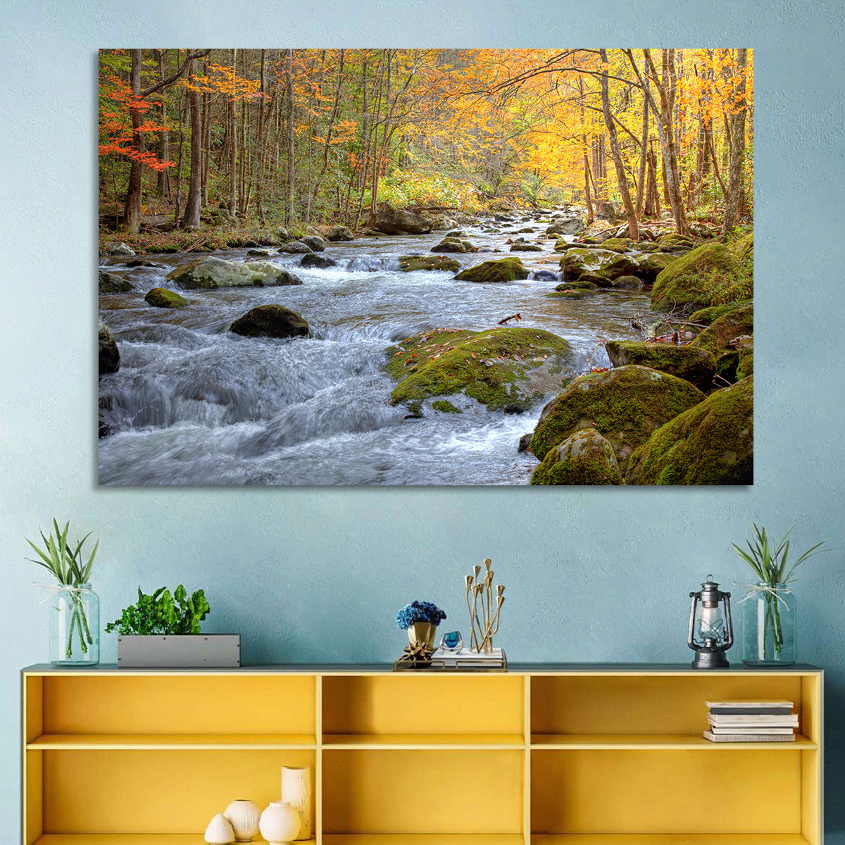 Autumn Mountain Stream Wall Art in a room, landscape