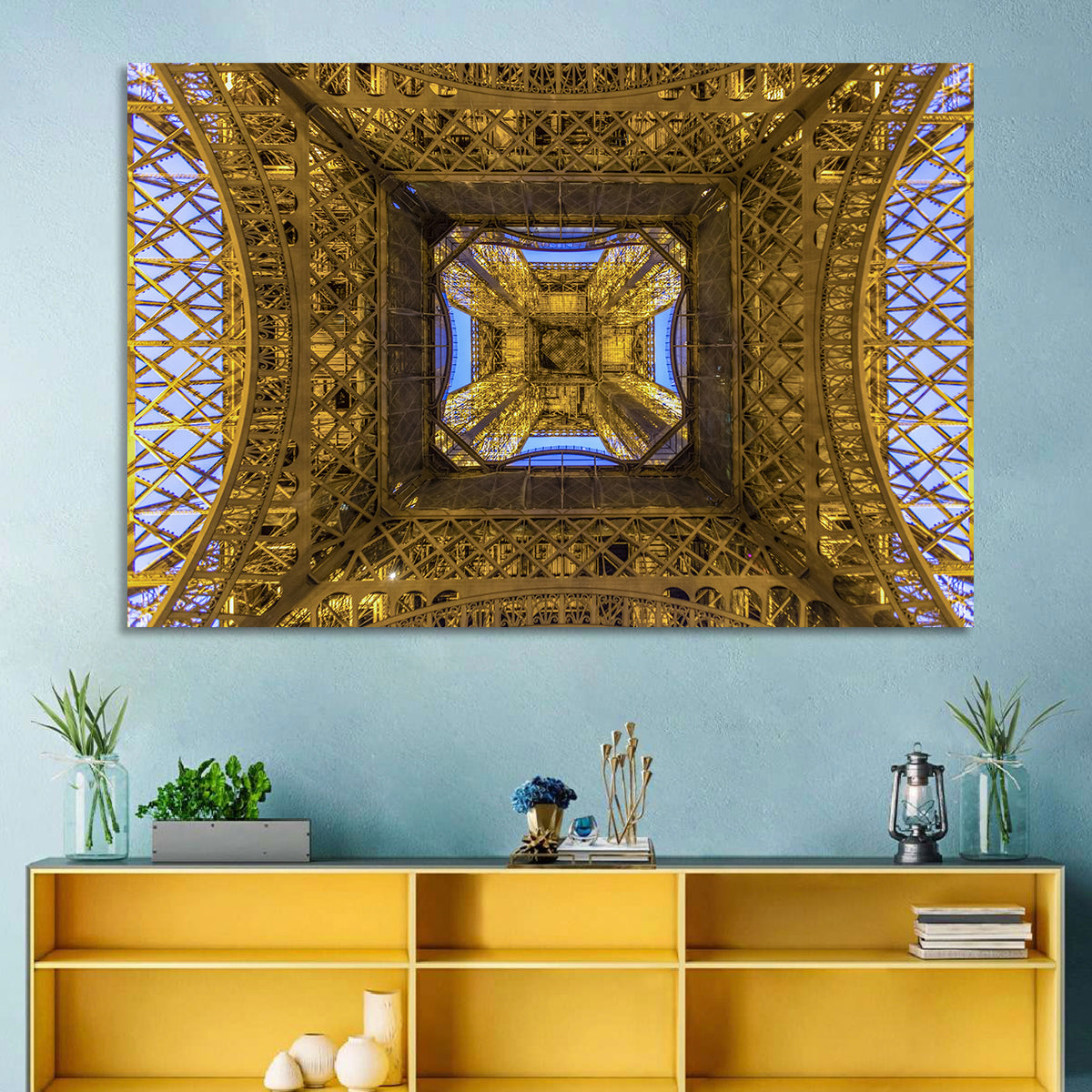 Eiffel Tower Lattice at Dusk Wall Art in a room, landscape