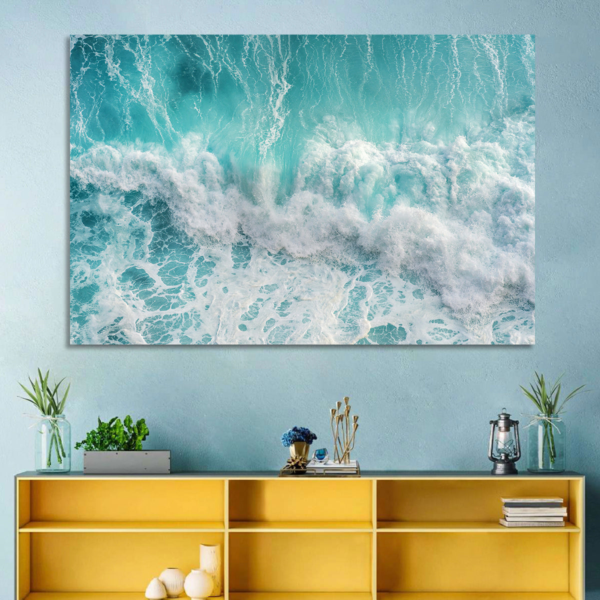 Top Down Turquoise Wave Wall Art in a room, landscape