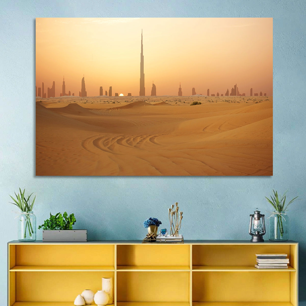 Dubai Skyline at Sunset Wall Art in a room, landscape