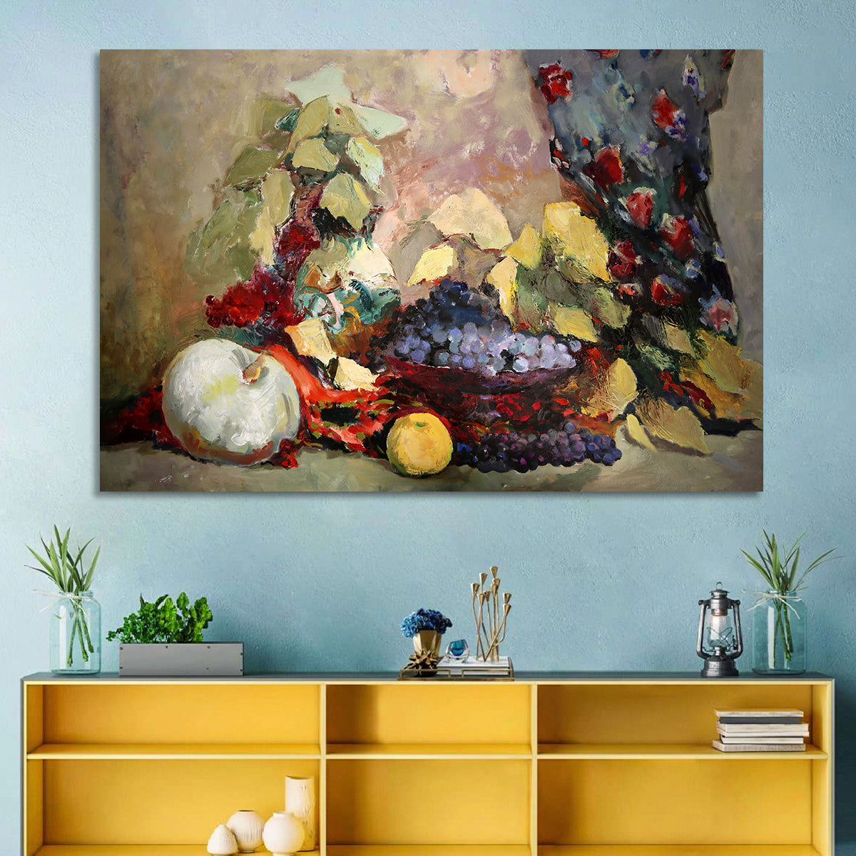 Grapes and Melon Still Life Wall Art in a room, landscape