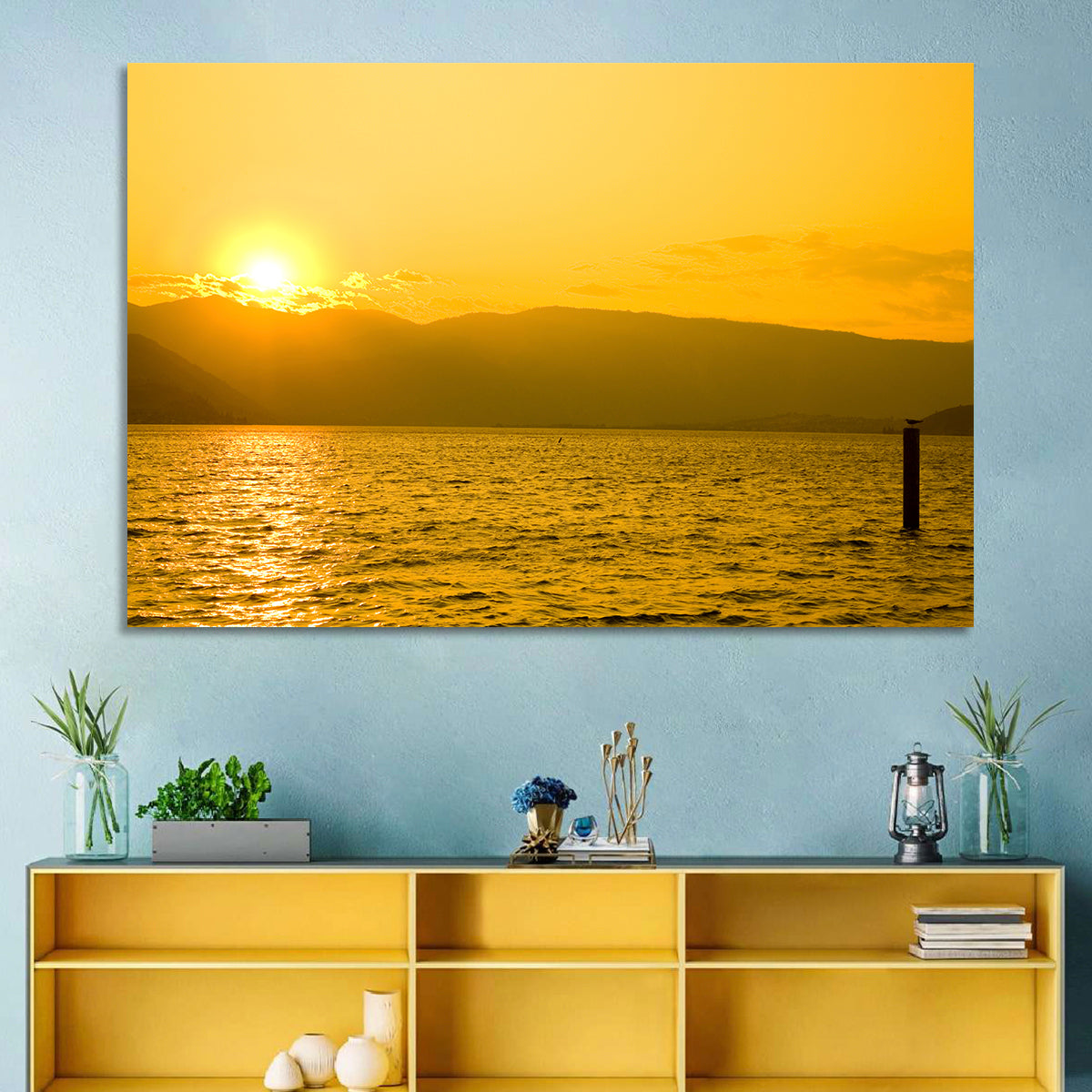 Lake Chelan Sunset Wall Art in a room, landscape