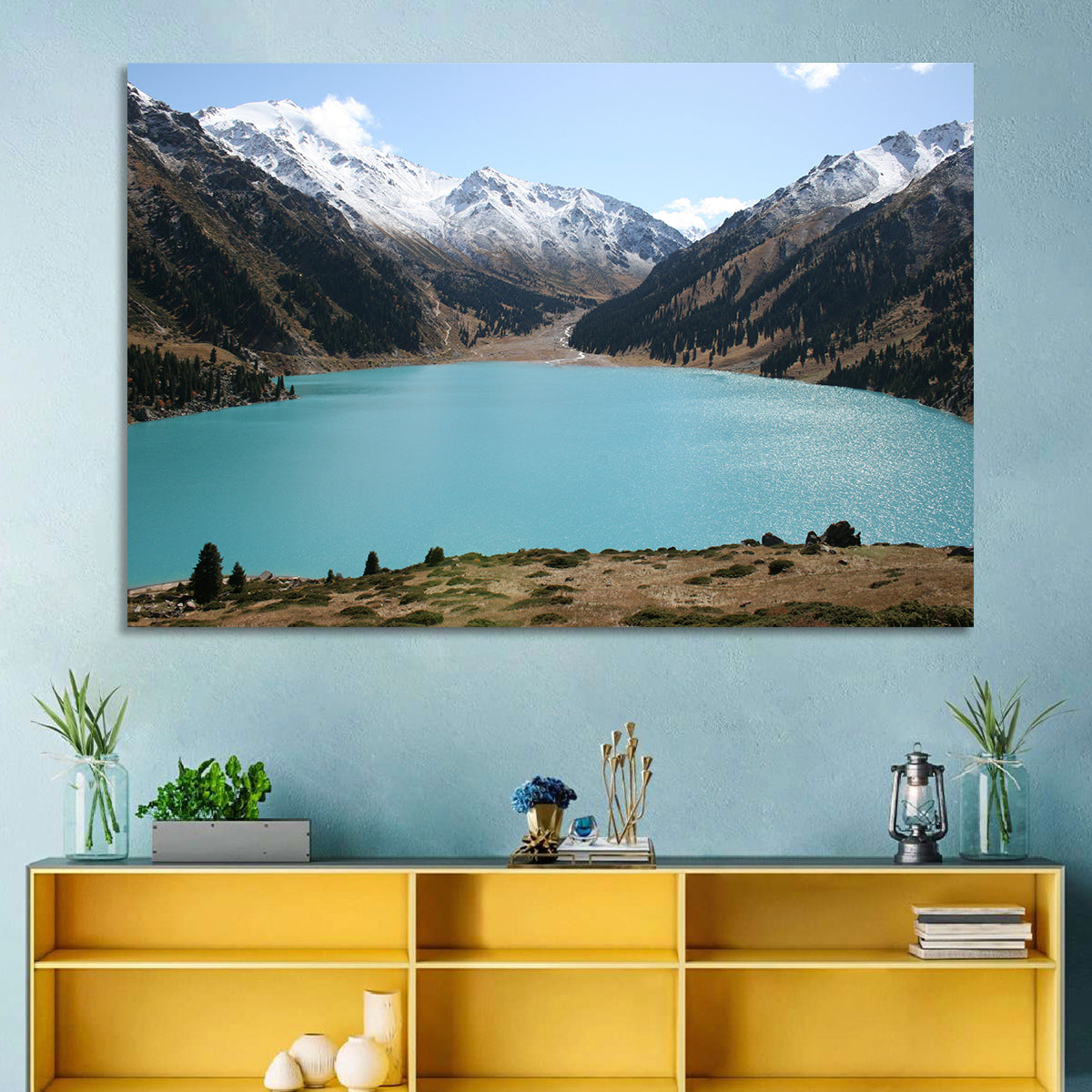 Big Almaty Lake Wall Art in a room, landscape