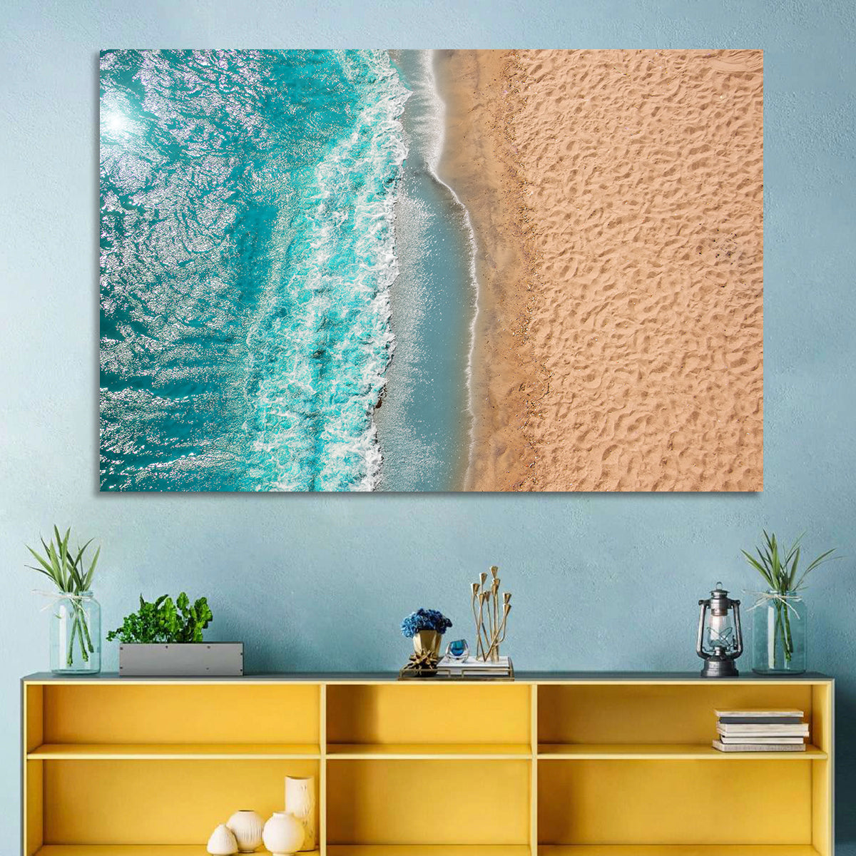 Turquoise Coastline Aerial Wall Art in a room, landscape